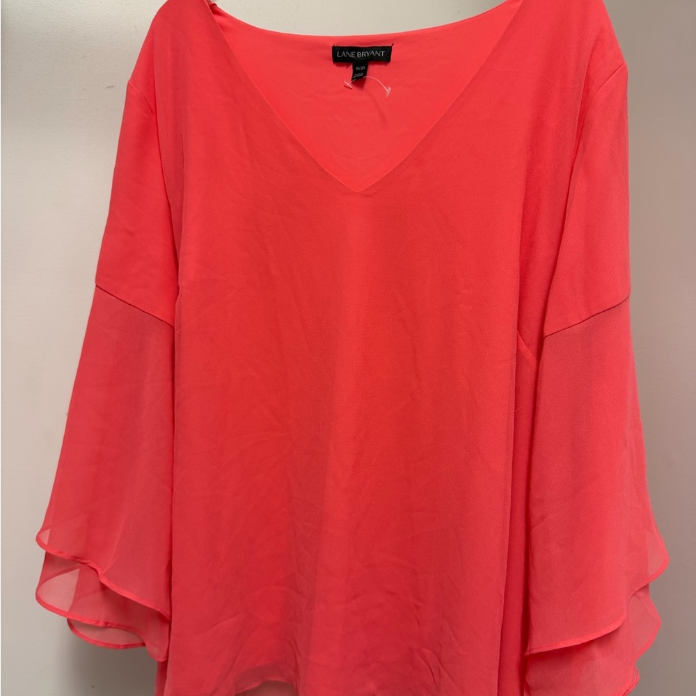 Lane Bryant Coral V-Neck Ruffle Sleeve Blouse